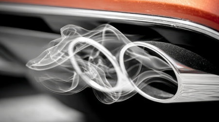 Closeup of Chrome Exhaust Pipe Billowing Toxic Fumes, Highlighting Urban Air Pollution Concernsの素材