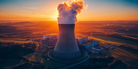 Aerial view of a large nuclear power plant amidst lush greenery at sunset, smoke rising into sky.の素材
