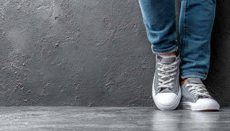 Stylish Urban Aesthetics Featuring Trendy Denim Jeans and Gray Sneakers Against a Concrete Wallの素材