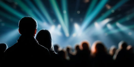Vibrant Crowd Silhouette At An Outdoor Music Concert With Stage Lights Shining Brightly Aboveの素材
