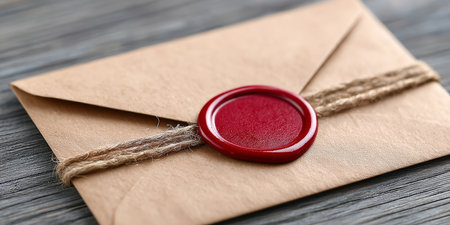 Rustic Correspondence Art Close-up of Vintage Envelope with Cord and Dark Red Sealing Wax Detailの素材