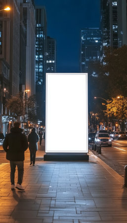 Illuminated City Advertising, Blank White Vertical Billboard at Night for Urban Brand Promotionの素材