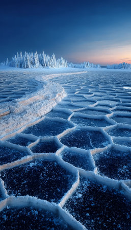 Breathtaking Frozen Arctic Landscape with Fractured Ice Patterns and Vibrant Northern Sunlightの素材