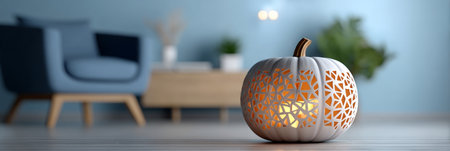 Charming Indoor Halloween Pumpkin Decor with Soft Ambient Lighting for a Cozy Autumn Atmosphereの素材