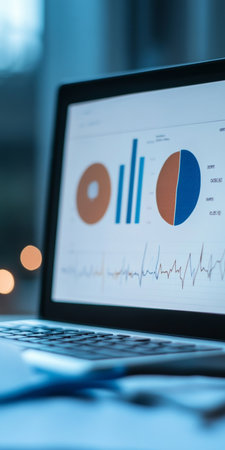 Business Analysis Presentation with Financial Charts and Data Visualization on Laptop Screen Displayの素材