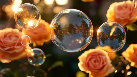 Captivating Dreaminess of Luminous Soap Bubbles with Blurry Orange Roses in Pastel Lightの素材
