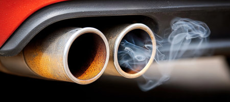 Vehicle Emissions Challenge Dual Exhaust System Spewing Smoke, Highlighting Environmental Impactの素材
