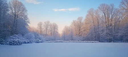 Winter Tranquility Serene Sunlight Bathing a Snow-Covered Landscape with Peaceful Natural Beautyの素材