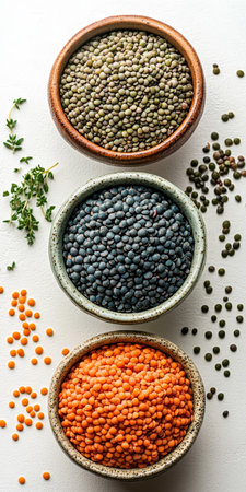 Variety of Plant Protein Foods Green, Black, and Red Lentils in Wooden Bowls on White Surfaceの素材