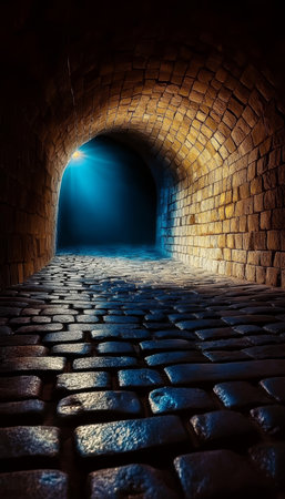 Illuminated Archway Leading Through a Nostalgic Brick Tunnel into a Bright, Hopeful Future Pathwayの素材