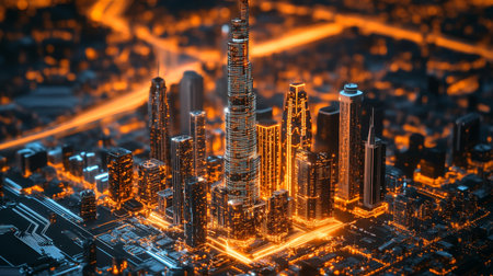 Futuristic Cityscape with Neon Lights and Digital Elements Showcasing a High-Tech Urban Environmentの素材