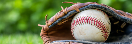 Outdoor Game Gear Displaying a Worn Baseball Glove and a Caught Ball Ready for Competitive Playの素材