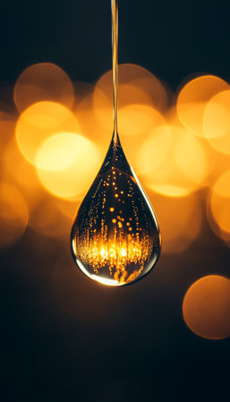 Macro Photography of a Water Droplet Reflecting Warm Bokeh Lights with Stunning Symmetry and Depthの素材