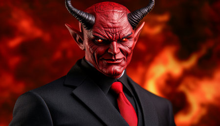 Dramatic Portrait of a Devilish Figure in Formal Attire Surrounded by Fiery Flames and Smokeの素材