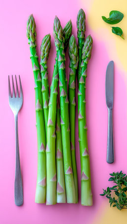 Fresh Asparagus Spears Prepared for Cooking, Vibrant Green Color, Healthy Vegetables on Plateの素材