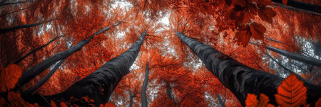 Autumn Leaves in a Vibrant Forest A Colorful Tapestry of Red, Gold, and Orange Amidst Tall Treesの素材