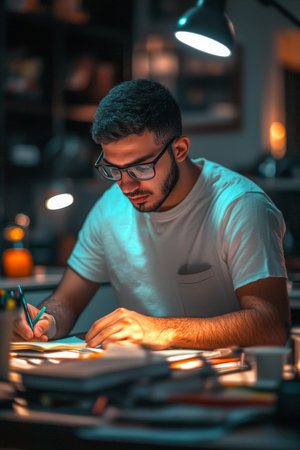 Focused Student Engaged in Late Night Studying at a Well-Illuminated Desk with Academic Materialsの素材