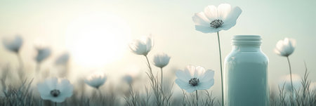 A Serene Meadow Filled with White Blossoms and Mint Green Hues, Capturing Nature s Dreamy Lightの素材