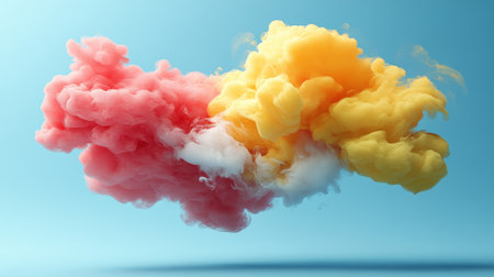 Vibrant Artistic Liquid Fusion of Red, Yellow, and White Colors Bursting on Dreamy Aqua Backgroundの素材