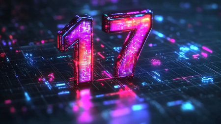Futuristic Digital Display of Number Seventeen in Glowing Neon on an Abstract Circuit Board Designの素材