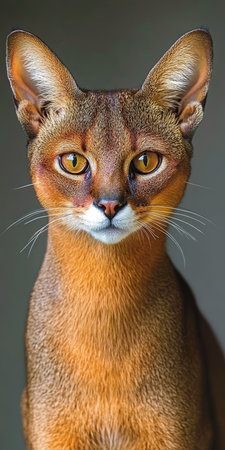 Stunning Portrait of an Abyssinian Cat in Rich Ruddy Color with Amber Eyes on Grey Backgroundの素材