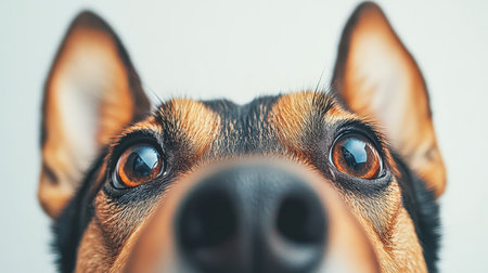 Charming Brown Dog with Inquisitive Expression in Studio, Surrounded by Soft Gray Background Textureの素材