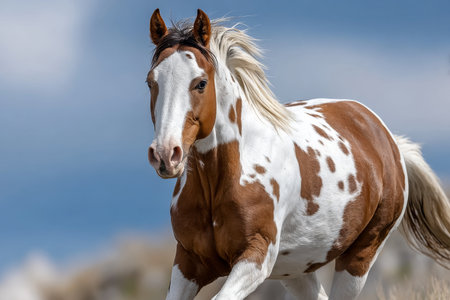 Majestic paint horse galloping freely across the open prairie under a vibrant sunset sky landscape.の素材