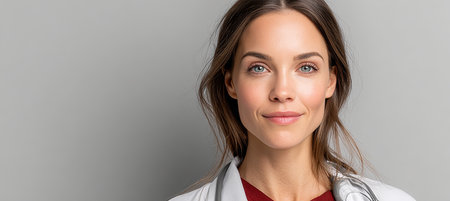 Confident Medical Professional in Lab Coat with Stethoscope, Smiling Nurse and Doctor Portraitの素材