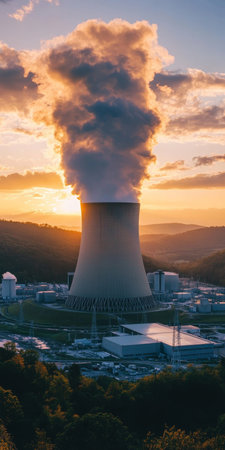 Aerial View of a Scenic Nuclear Power Station with Cooling Towers and Vapor Plumes at Sunsetの素材
