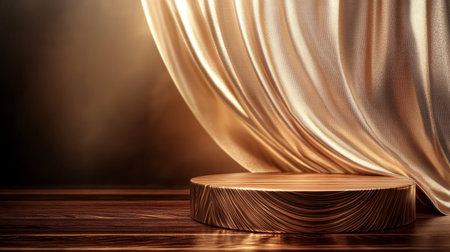 Elegant Showcase with Golden Silk Drape on Wooden Pedestal for Luxury Product Presentation Displayの素材