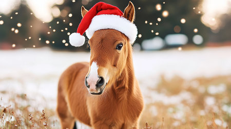 Cute chestnut pony in a Santa hat amidst snow, ideal for festive cards and holiday greetings.の素材