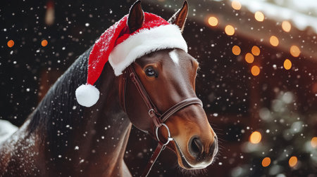 Festive Equine Portrait in Winter A Charming Horse Dressed for the Holiday Season Celebrationの素材