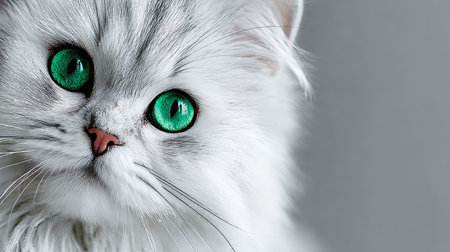 Beautiful Persian Cat Portrait with Striking Emerald Green Eyes on a Soft, Tranquil Backgroundの素材