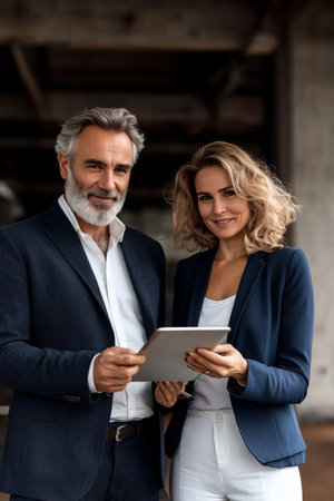 Experienced Business Team Collaborating on Ideas with Tablet in Modern Office Setting Togetherの素材