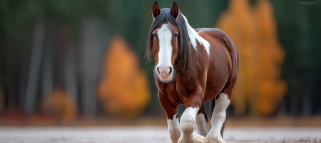 Majestic brown Clydesdale horse with white markings walking through a vibrant autumn forest sceneの素材