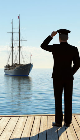 Officer Gazing at a Distant Sailing Ship, Symbolizing Seafaring Legacy and Naval Tradition.の素材