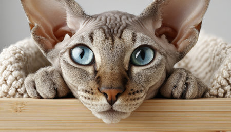 Stunning Close-Up of a Cornish Rex Cat with Striking Blue Eyes and Expressive Facial Featuresの素材