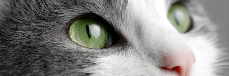 Adorable Close-Up Portrait of a Grey and White Cat with Striking Green Eyes and Charming Expressionの素材