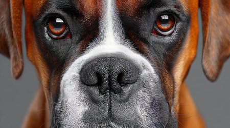 Stunning Close-Up of a Charming Boxer Dog with Brown Fur and Expressive Eyes Against Gray Backgroundの素材
