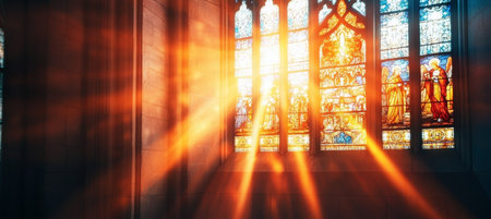 Vibrant Light Streaming Through Intricate Stained Glass Panels Illuminating Serene Church Interiorの素材