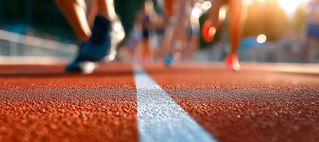 Vibrant Red Track at Sunrise with Athlete in Motion, Perfect Conditions for Spring Training Routineの素材