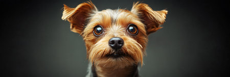 Charming Close-up Portrait of a Yorkshire Terrier Puppy with Sweet Expression on Gray Backgroundの素材