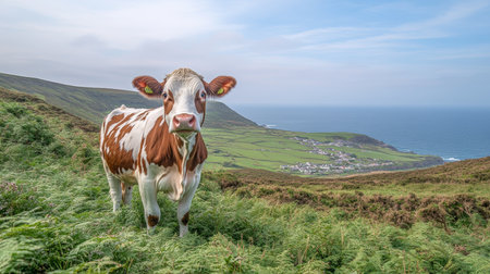 A Peaceful Landscape with a Swiss Brown Cow Grazing in a Green Meadow by the Serene Blue Seaの素材