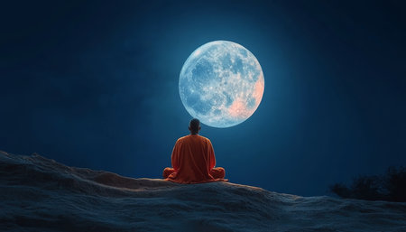Contemplative Monk Silhouette Embracing Moonlit Tranquility for Spiritual Growth and Inner Peaceの素材