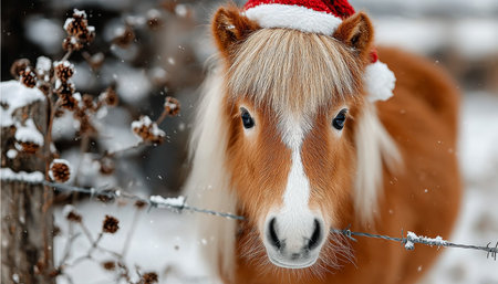 Adorable Christmas Pony Wearing Santa Hat in a Magical Winter Wonderland with Falling Snowflakesの素材