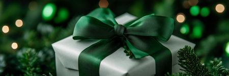 Elegant Silver Christmas Gift Wrapped in Green Ribbon with Pine Accents in a Festive Holiday Sceneの素材