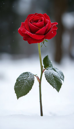 Single Red Flower in a Snowy Landscape, A Beautiful Contrast of Color Against Winter s White Beautyの素材