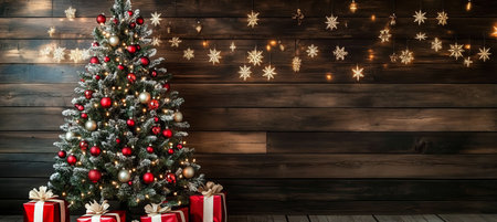 Beautifully decorated Christmas tree adorned with colorful ornaments and gifts on wooden tableの素材