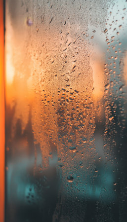 Misty Window Pane at Sunrise with Beautiful Hues and Condensation Droplets, Evoking Serene Moodsの素材