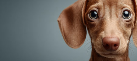 Charming Dachshund Portrait with Expressive Eyes on a Sleek Gray Background for Dog Loversの素材